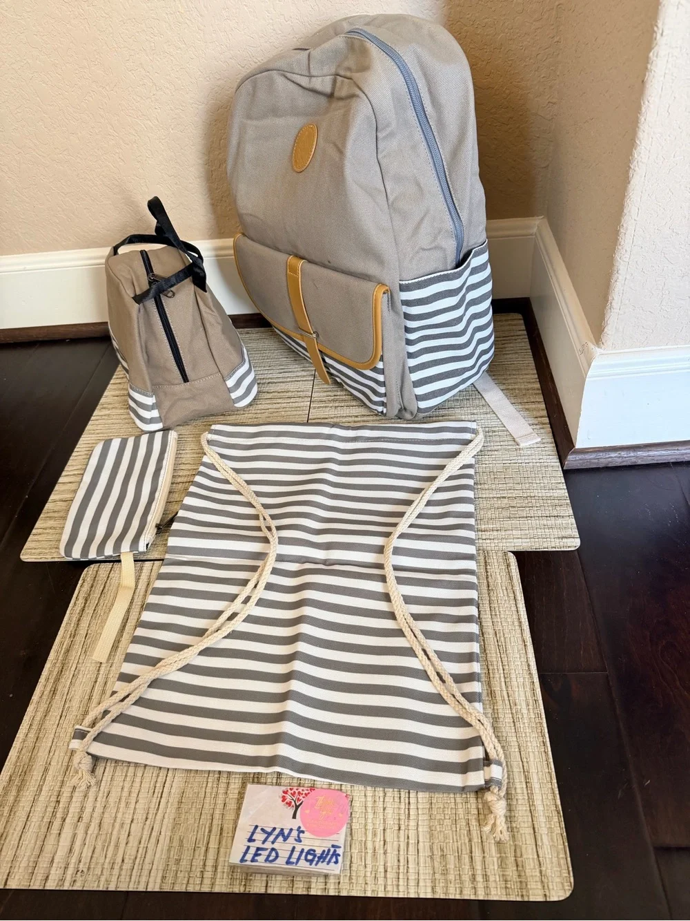 Gray and White Striped Backpack Set